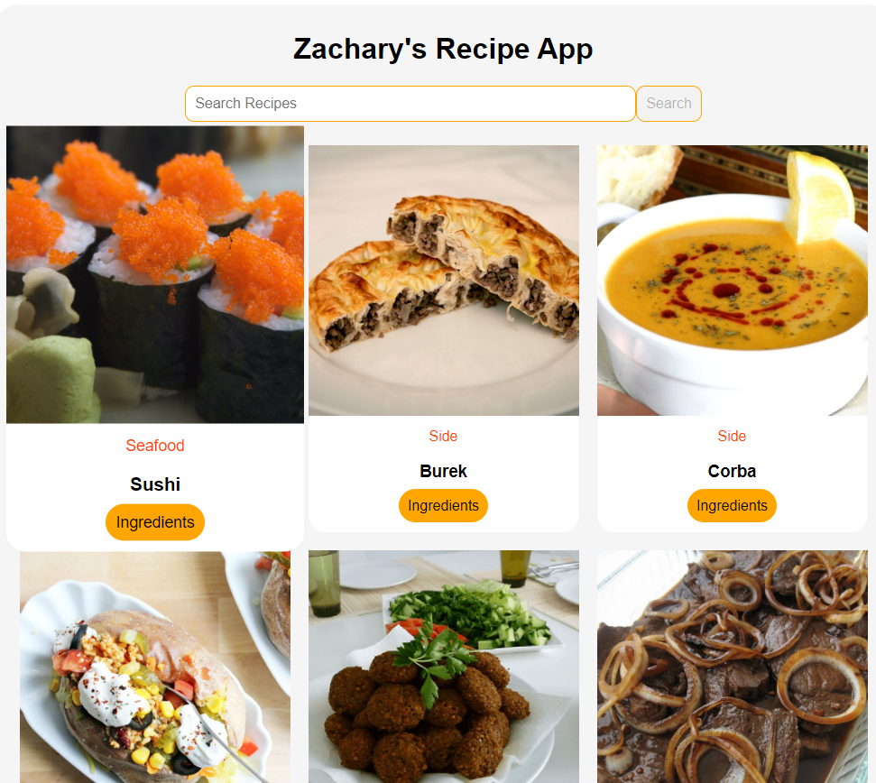 website showing a recipe app.